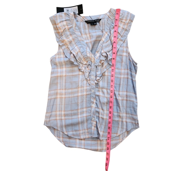 Veronica Beard NWT Size XS Leina Shirt in Vapor Multi, Sleeveless Ruffles Linen - Picture 8 of 14